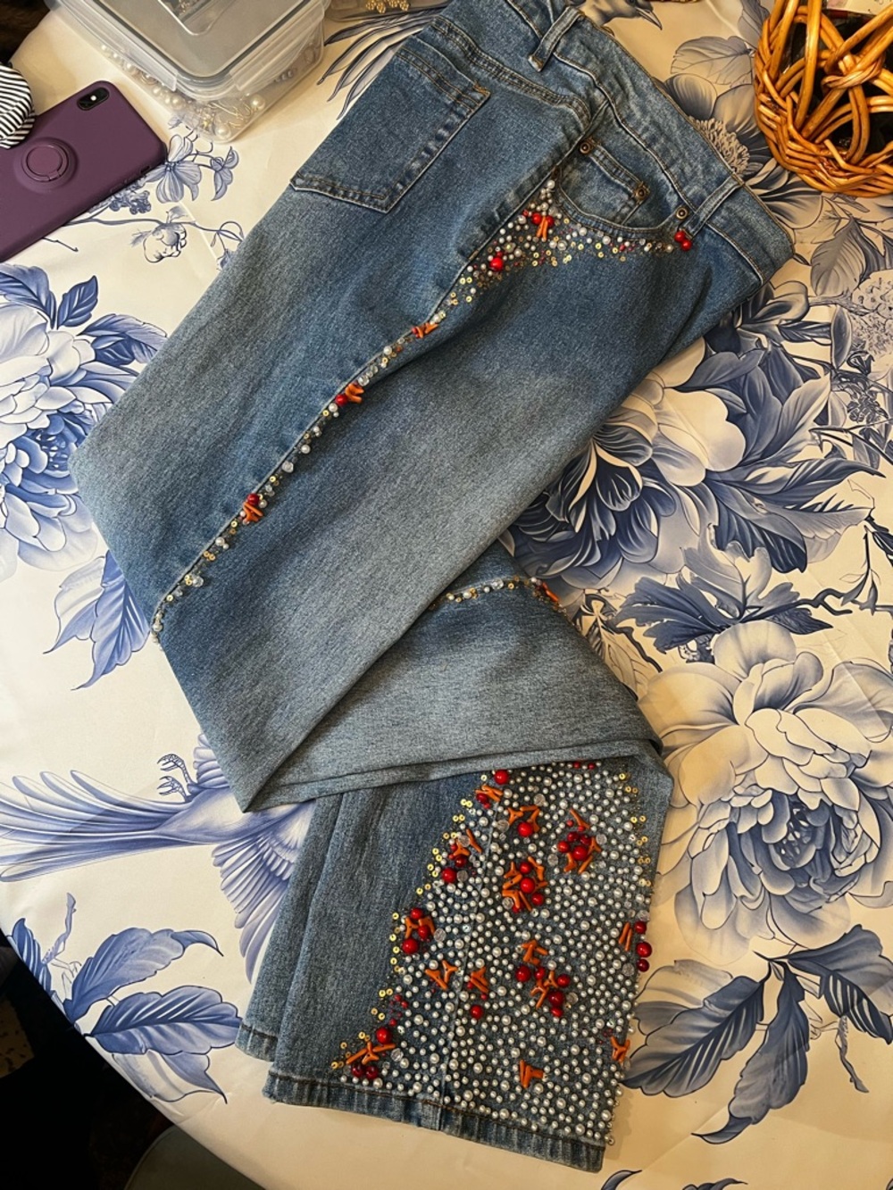 DG2 Diane Gilman Blue Wide-Leg Jeans with Red Floral Pearls & Crystals - Picture 11 of 16